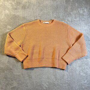 Zara Chunky‎ Knit Cropped Ribbed Pullover Sweater Peach XL Acrylic Grandma Barn